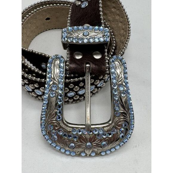 b. b. Simon Brown Leather/ horse hair Swarovski Crystal Belt Sz XL 43” Long Y2K main image 10